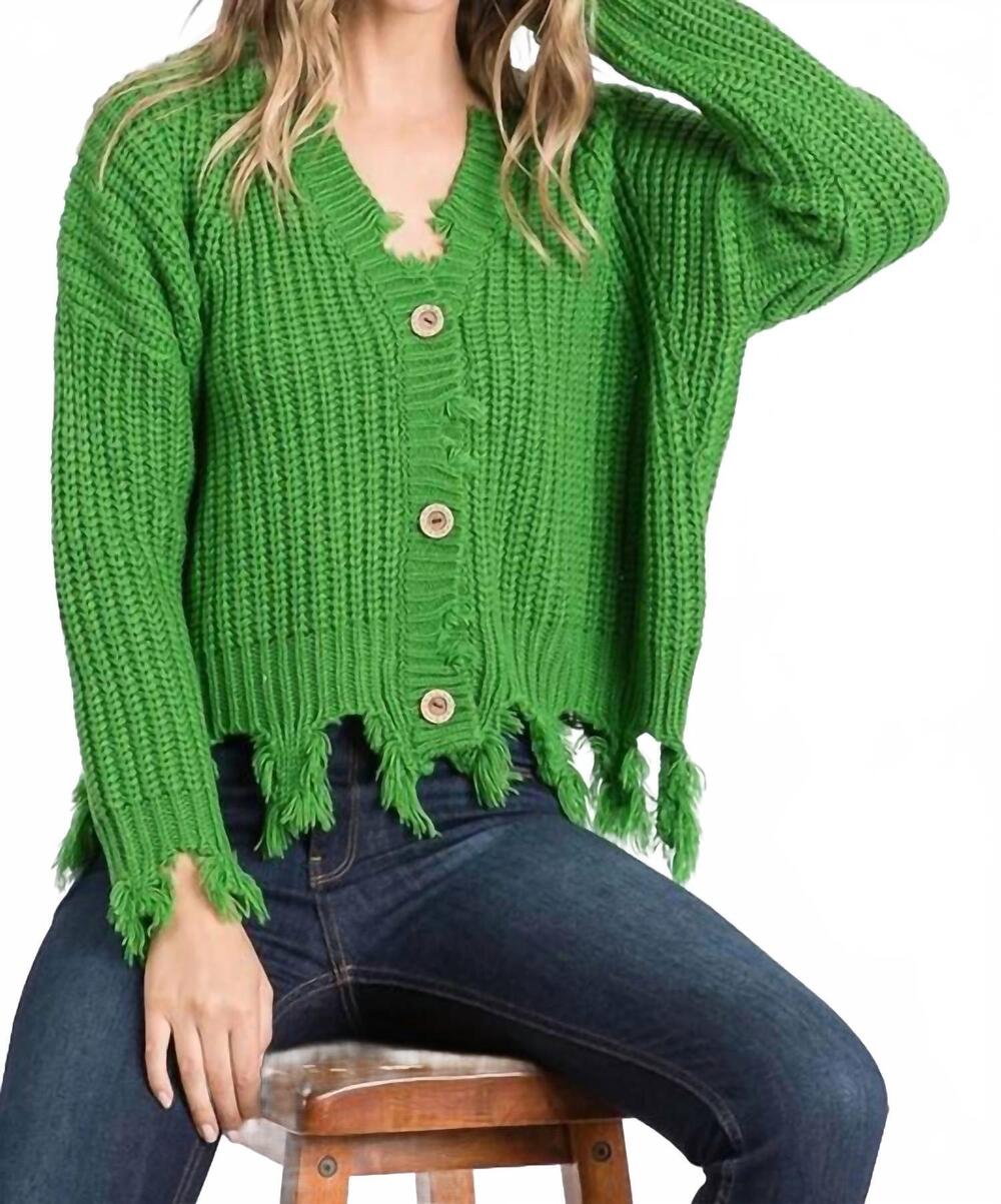 NEW SWEET GENERIS destroyed fringed button down cardigan in green